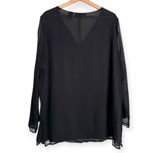 New York City Design Co Black 100% Silk Sheer Floral Trimmed Tunic Women's 2X - Picture 2 of 8